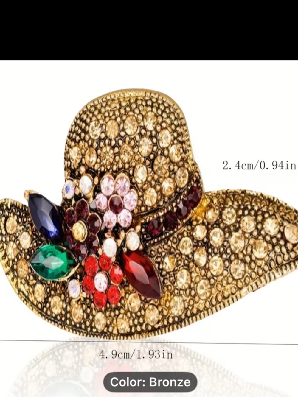 Bronze Rhinestone Hat Brooch with Multicolor Gem Flowers nwt - Picture 4 of 4